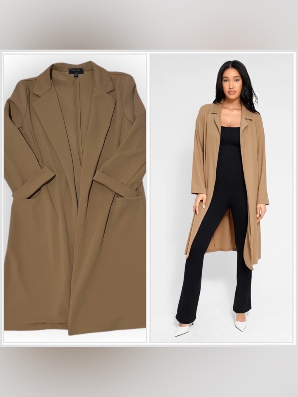 Chocolate Long Open-Front Duster in Camel Brown with Pockets